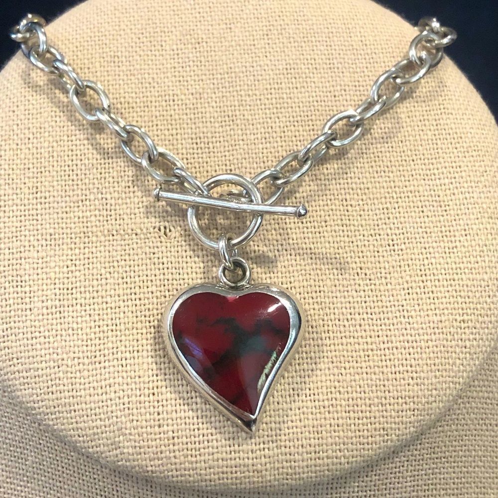 TAXCO Sterling Silver Red Jasper Heart Charm Rolo Bracelet